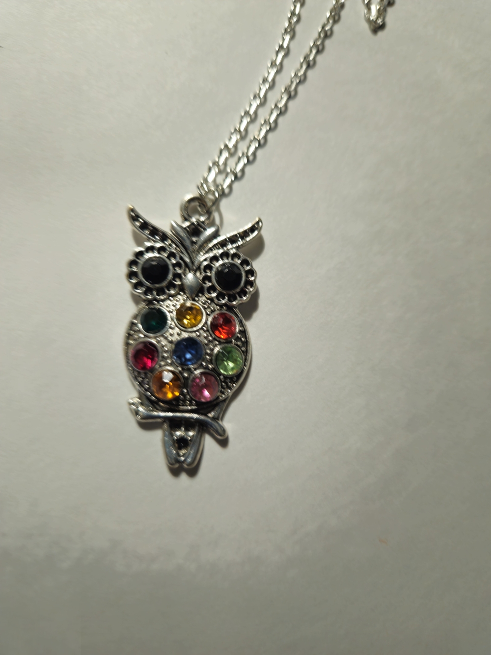 Silver Multicolor Crystal Owl Pendant Necklace-18" Chain